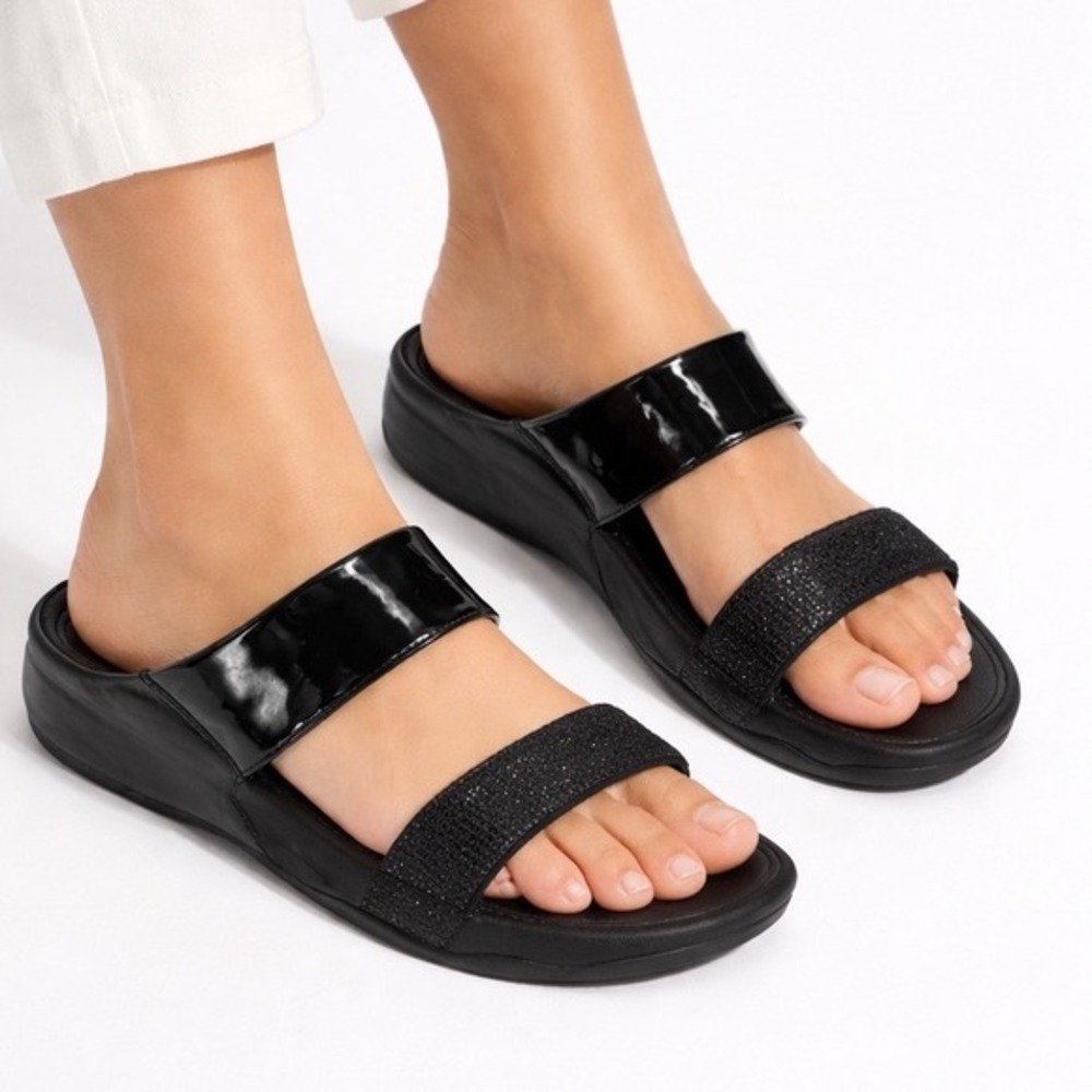 FitFlop Lulu Black Patent‎ Glitter Microwobbleboard Slide Sandals 11 Comfy 94-10